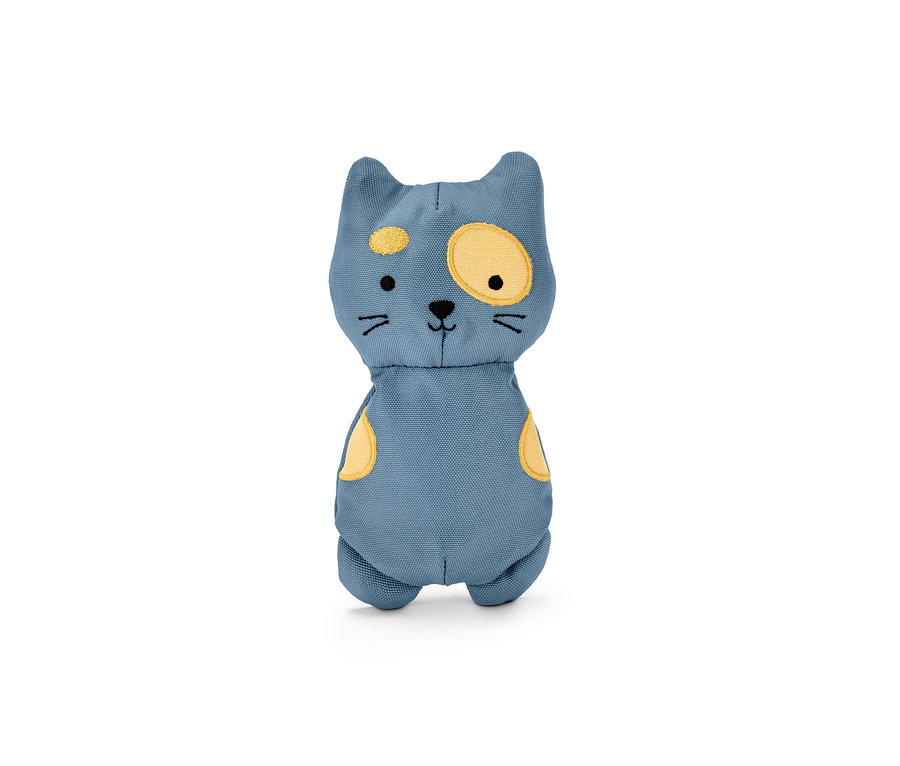 Blaues Katzen-Spielzeug mit Katzenminze in Form einer Katze mit gelben Details.