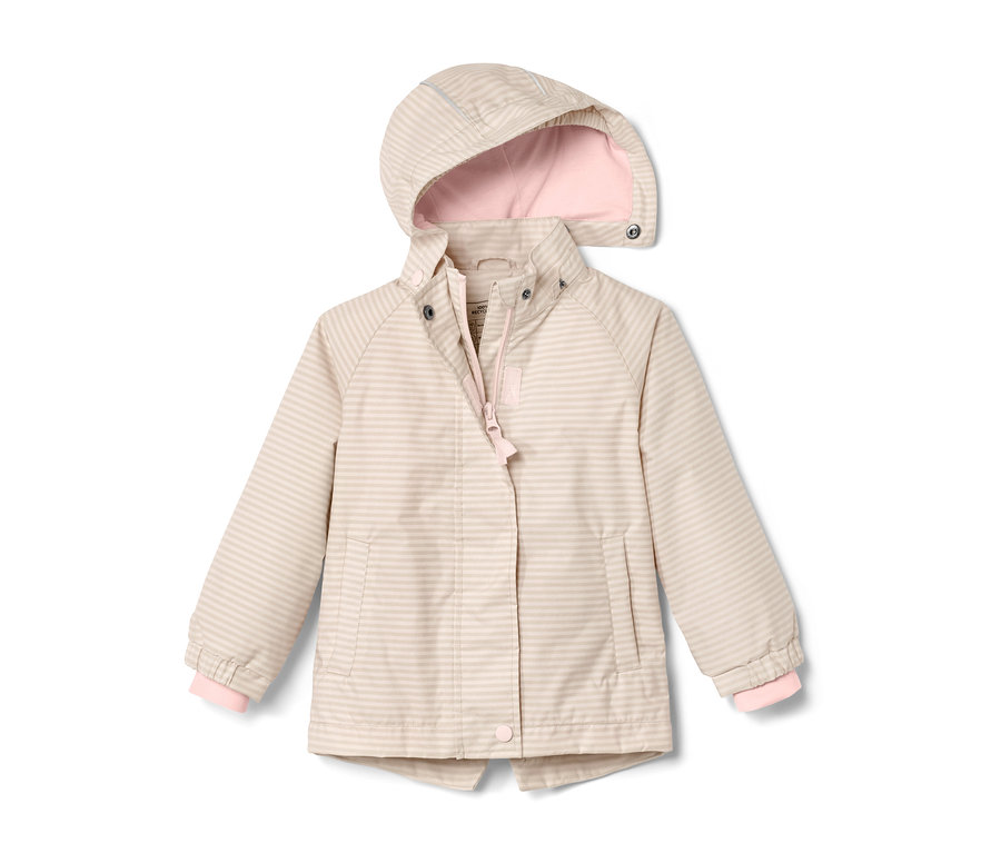 Kleinkinder-Regenjacke, Streifen, mit Kapuze und rosa Futter.
