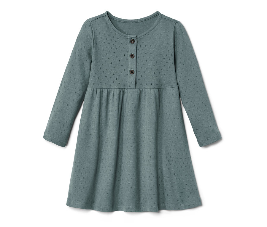 Blaues Kleinkind-Kleid mit langen Ärmeln und Knöpfen.