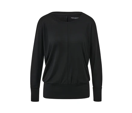 Schwarzes Sport-und-Yogashirt mit langen Ärmeln.