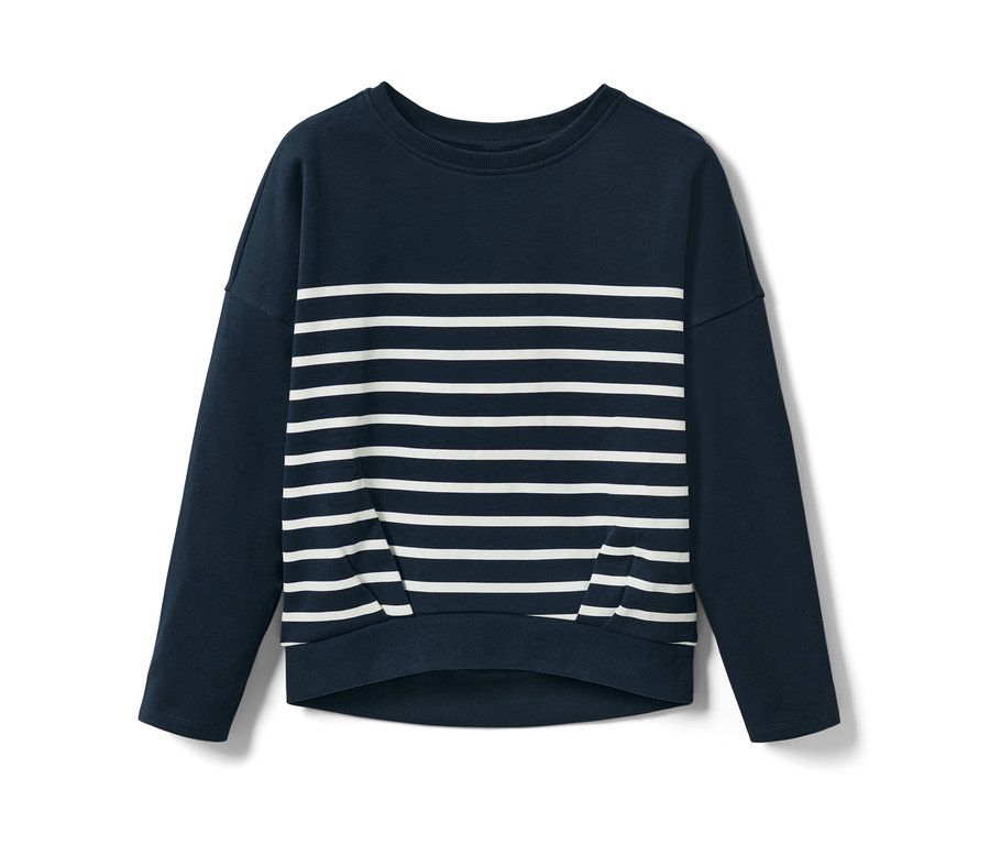 Blaues Kinder-Sweatshirt mit weißen Streifen.