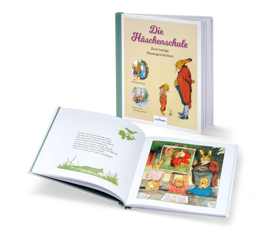 Zwei offene Ausgaben des Buchs "Die Häschenschule" zeigen Illustrationen von Hasen.