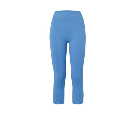 Eine blaue 3/4-Seamless-Sporttight auf weißem Hintergrund.