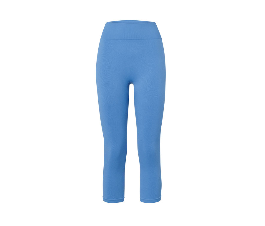 Eine blaue 3/4-Seamless-Sporttight auf weißem Hintergrund.