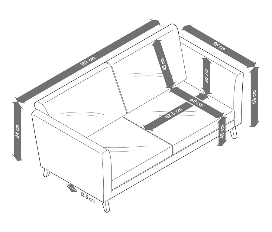 Abmessungen eines 3-Sitzer-Sofas.