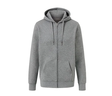 Graue Kapuzenjacke mit Reißverschluss und Taschen.