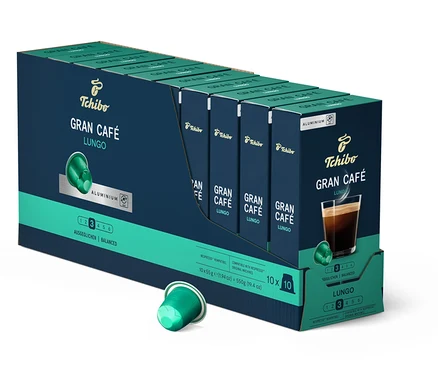 Eine Packung Tchibo Gran Café Lungo - 100 Kapseln. Eine Packung und eine Kapsel sind abgebildet.