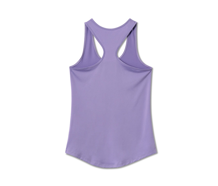 Detailansicht von hinten auf ein fliederfarbenes Sport-Top aus einem zweiteiligen Set.