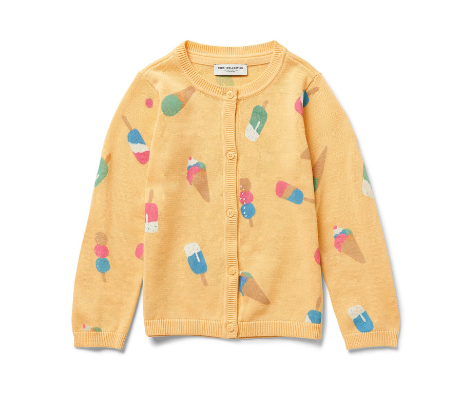 Gelbe Kinder-Strickjacke mit Eiscreme-Muster.
