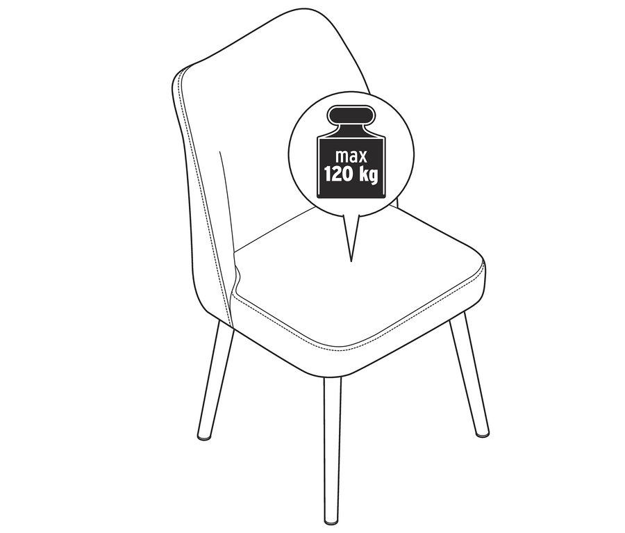 Illustration eines gepolsterten Esszimmerstuhls mit maximaler Tragkraft von 120 kg.