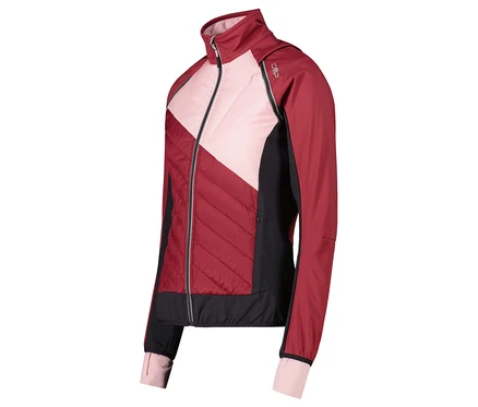 Weinrote Jacke mit rosa und schwarzen Einsätzen.