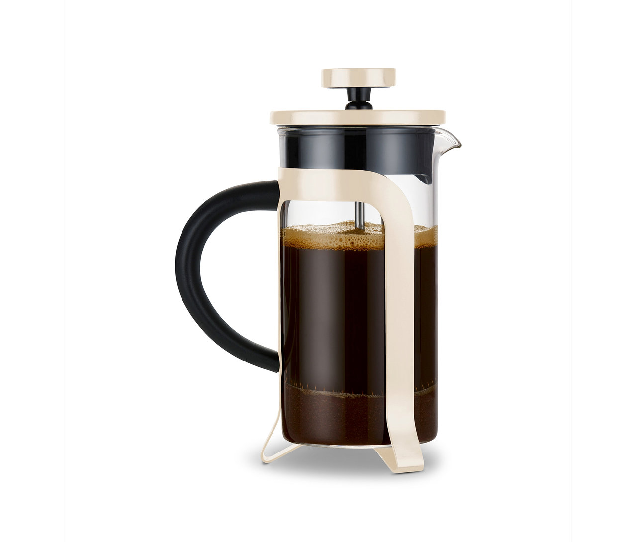 Eine Siebstempelkanne 300 ml, 2 Tassen, friendly beige, gefüllt mit Kaffee.