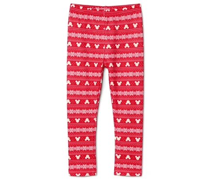 Rote Leggings mit weißem Muster aus Mickey Mouse und Schneeflocken.