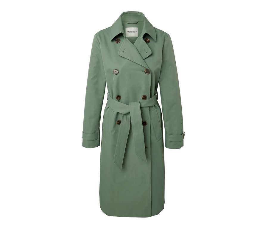 Ein hellgrüner Trenchcoat mit Gürtel und braunen Knöpfen.