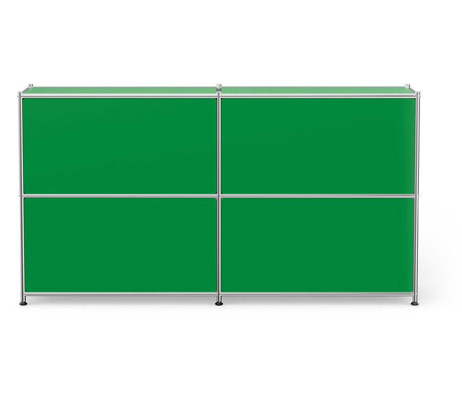 Quadratischer grüner Schrank mit silbernem Rahmen.