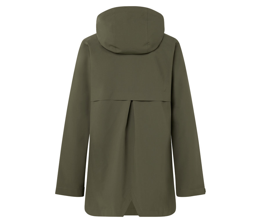 Rückansicht einer olivgrünen Jacke mit Kapuze.