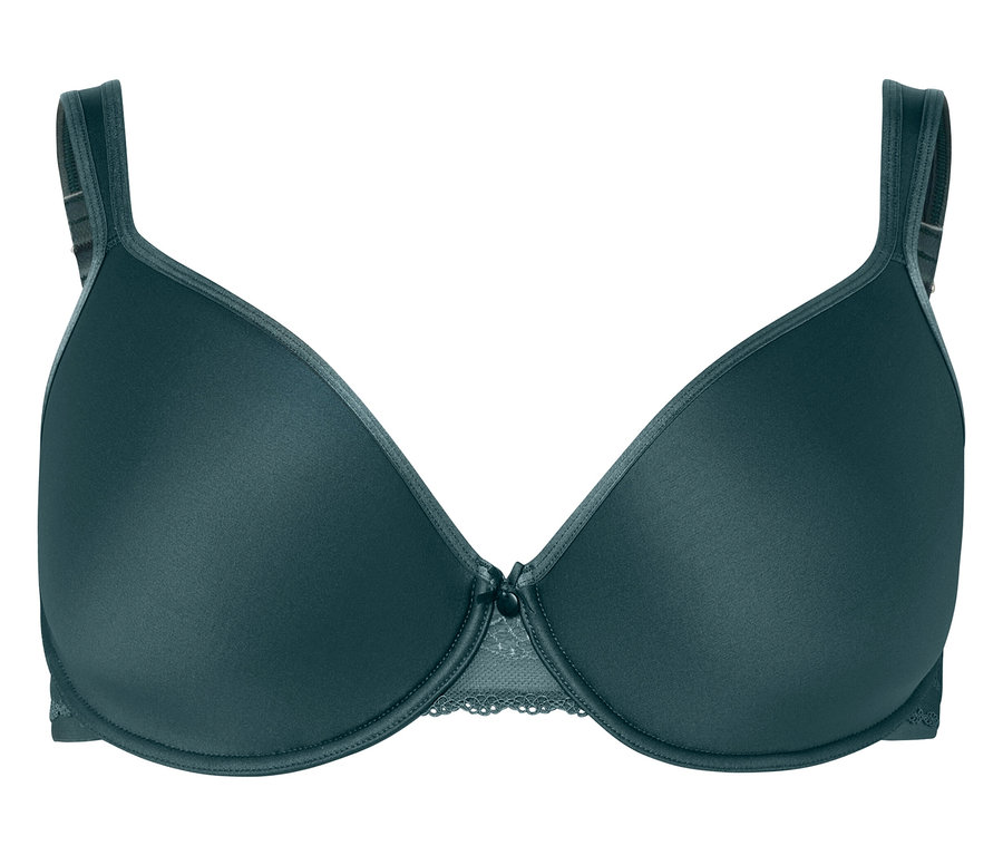 Ein dunkelgrüner BH mit Bügel und Spitzenbesatz.
