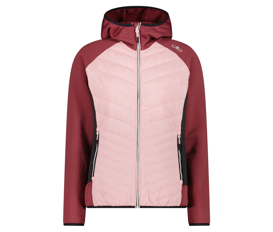 Rosa-burgunderfarbene Jacke mit Reißverschluss und Kapuze.