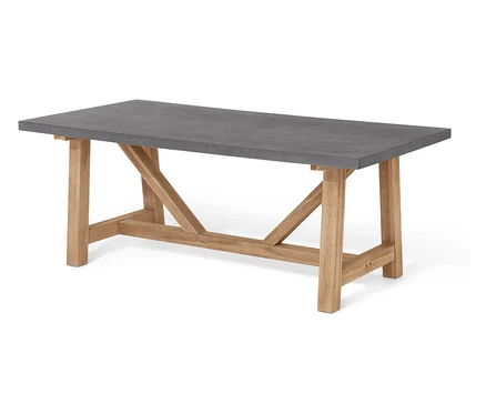 Rechteckiger Tisch mit grauer Platte und Holzgestell.