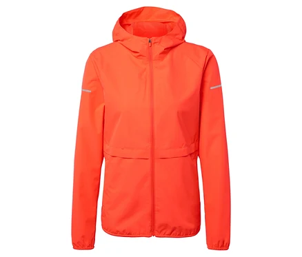 Leuchtend orangefarbene Kapuzenjacke mit Reißverschluss.
