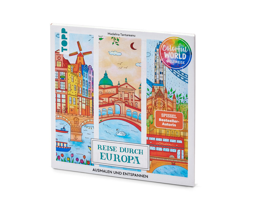 Detailansicht des Buches "Reise durch Europa – Ausmalen und Entspannen" mit Illustrationen europäischer Städte.