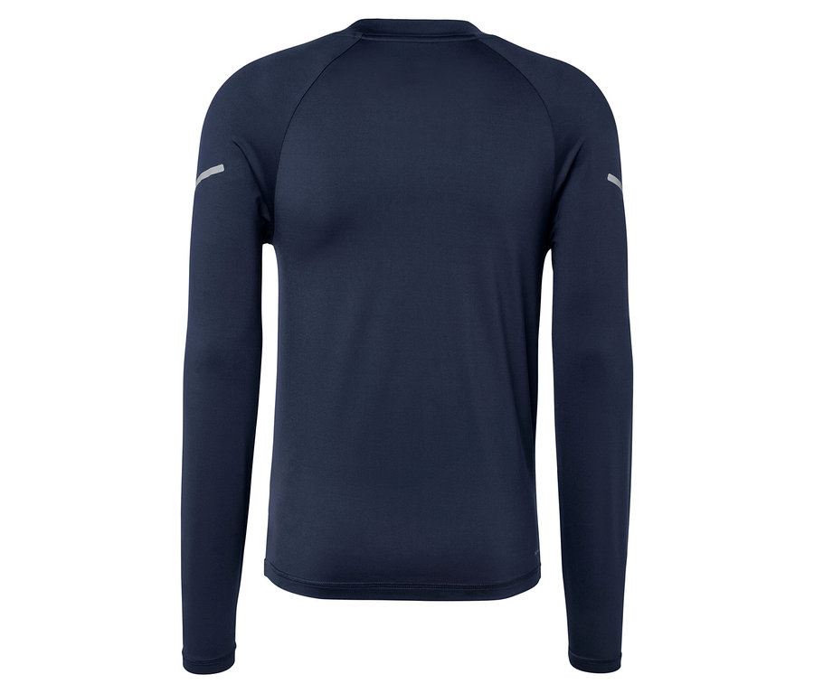 Detailansicht eines marineblauen, langärmeligen Shirts mit reflektierenden Details.