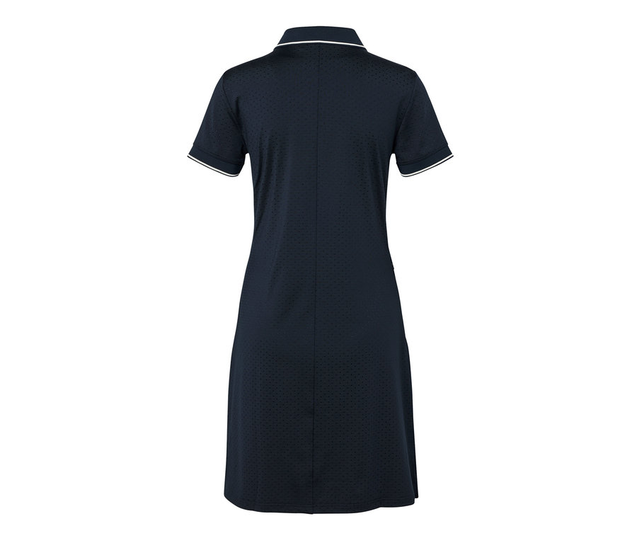 Dunkelblaues Sportkleid mit weißer Bordüre an Kragen und Ärmeln.
