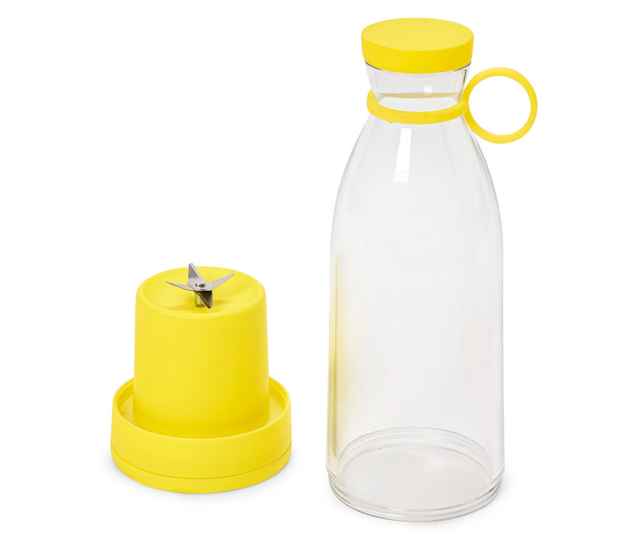 Gelber Smoothie-Mixer mit Klinge und Flasche.