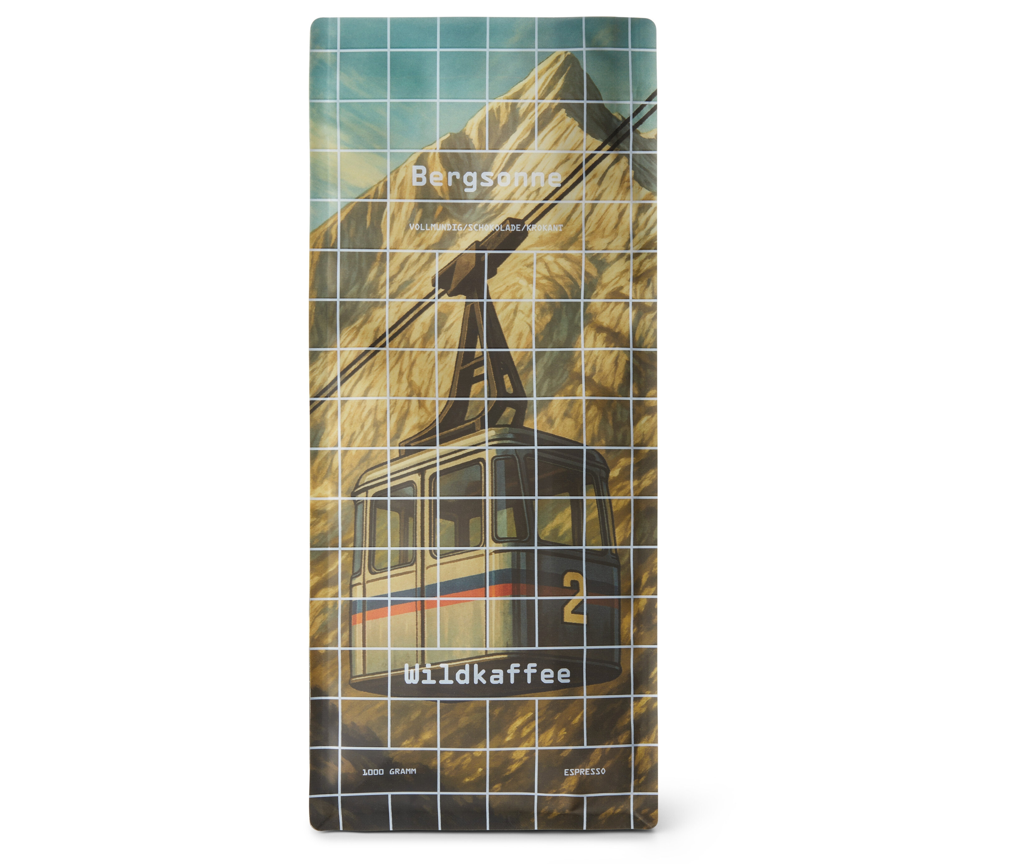 Eine Packung Wildkaffee - Bergsonne Espresso - 1 kg Ganze Bohne mit einer Zeichnung einer Gondel vor einem Berg.