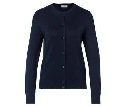 Dunkelblauer Feinstrick-Cardigan mit Rundhals, langen Ärmeln und Knopfleiste.
