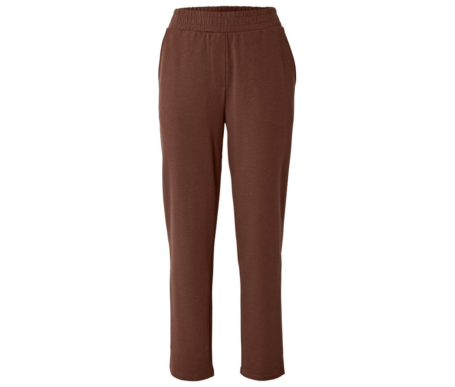 Braune, lange Jogginghose mit Gummibund und Taschen seitlich.