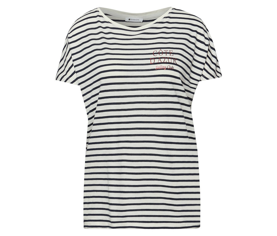 Street One T-Shirt in Navy-Weiß mit horizontalen Streifen und roter Stickerei „CÔTE D'AZUR Sailing Club“.