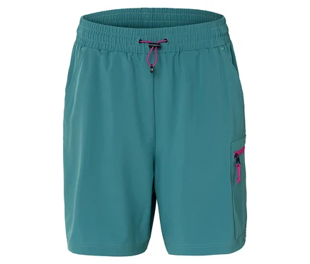 Eine türkisfarbene Shorts mit pinkfarbenen Kordeln und Reißverschlüssen.