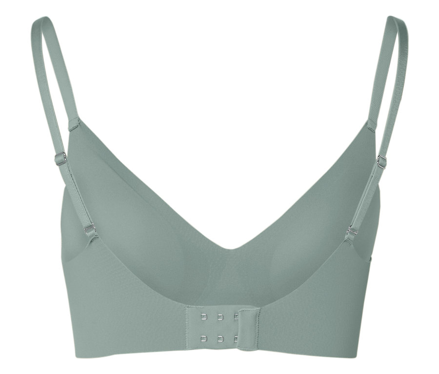 Rückansicht eines hellgrünen BHs mit verstellbaren Trägern und Hakenverschluss.