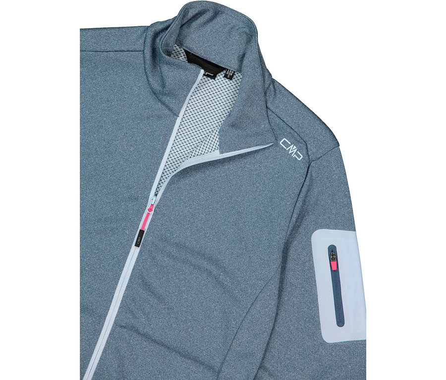Nahaufnahme einer grauen CMP-Jacke mit Reißverschluss und Tasche am Ärmel.