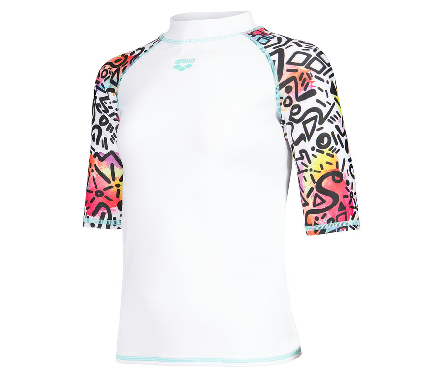 Weißes Arena-Langarmshirt mit bunten Graffiti-Ärmeln.