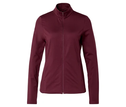 Burgunderrote Jacke mit durchgehendem Reißverschluss und Stehkragen.