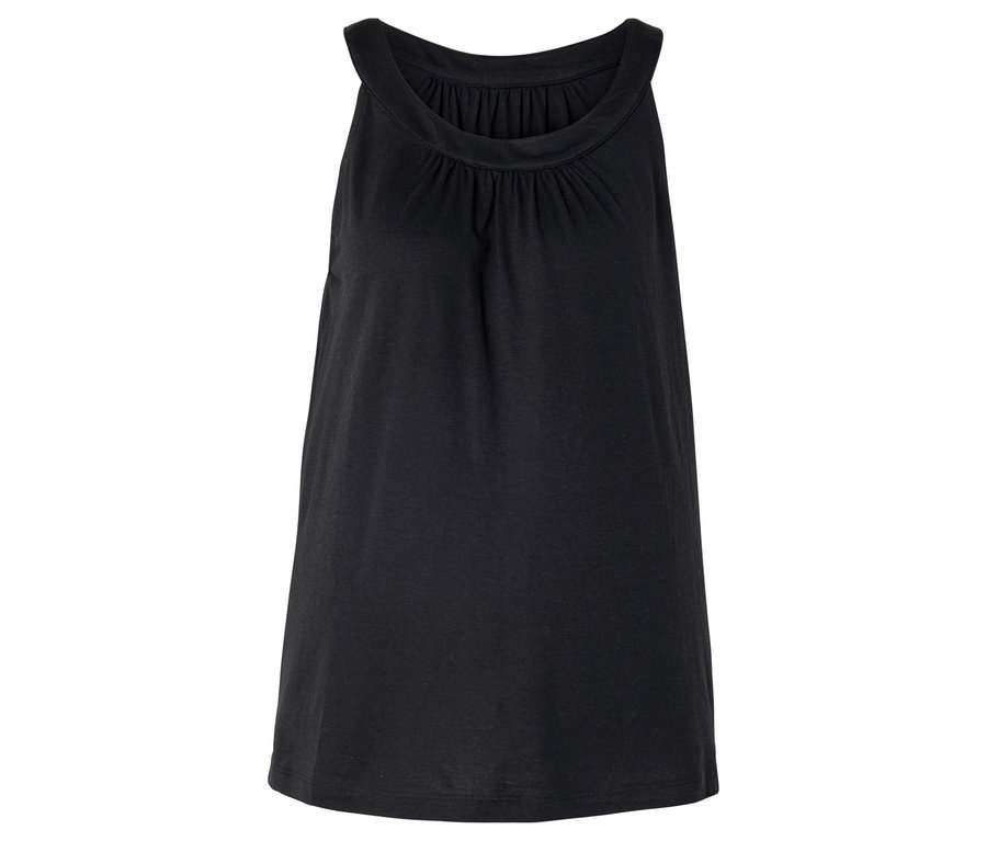 Schwarzes, ärmelloses Tanktop mit gerafftem Rundhalsausschnitt.