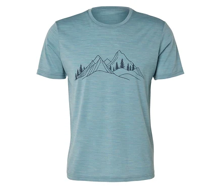 Hellblaues T-Shirt mit stilisierter Berglandschaft mit Tannenbäumen.