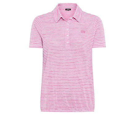 Ein gestreiftes, kurzärmeliges Poloshirt in Rosa und Weiß liegt auf einem weißen Hintergrund.