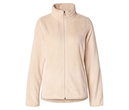Beige Fleecejacke mit durchgehendem Reißverschluss und Stehkragen.