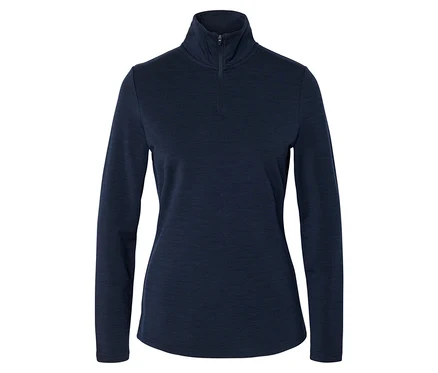 Dunkelblaues Langarmshirt mit Stehkragen und kurzem Reißverschluss, auf weißem Hintergrund.