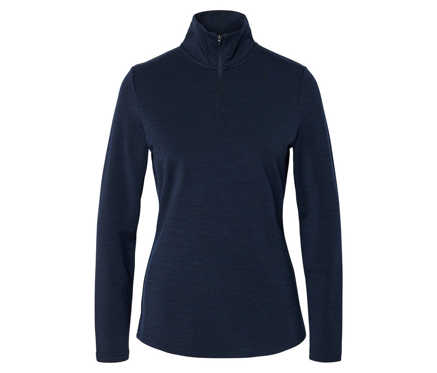 Dunkelblaues Langarmshirt mit Stehkragen und kurzem Reißverschluss, auf weißem Hintergrund.