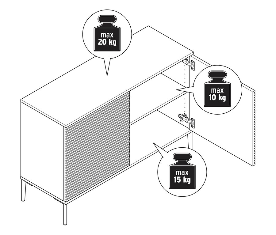 Skizze eines Sideboards »REET« mit Lamellenoptik, mit Hinweisen zum maximalen Gewicht.