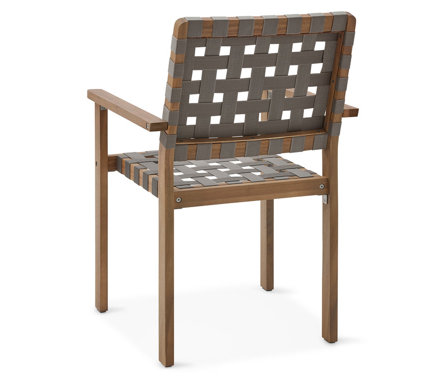 Rückansicht eines Stuhls mit Holzrahmen und grauem, gewebtem Sitz und Rückenlehne.