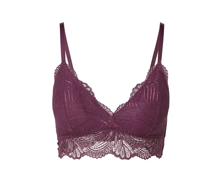 Ein lila Spitzen-Bralette auf weißem Hintergrund.