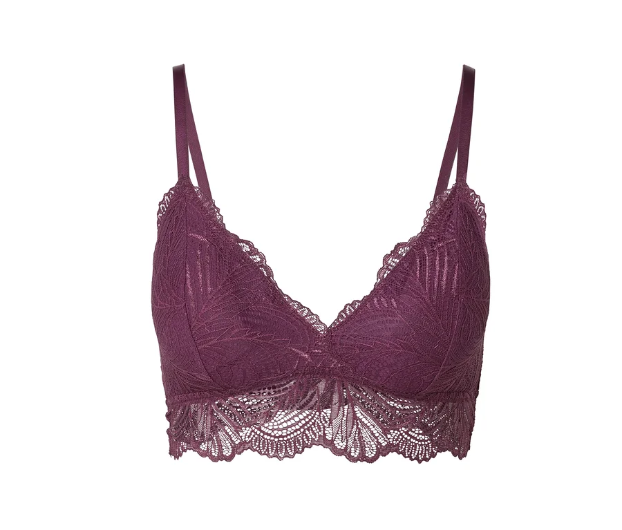 Ein lila Spitzen-Bralette auf weißem Hintergrund.