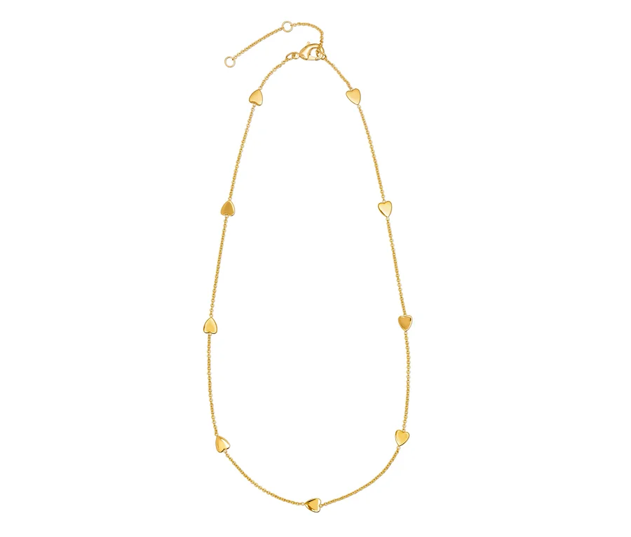 Goldene Halskette mit herzförmigen Anhängern.