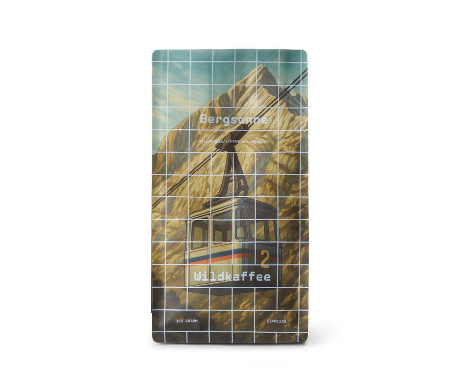 Eine Packung Wildkaffee - Bergsonne Espresso - 350 g Ganze Bohne steht auf einem weißen Hintergrund.