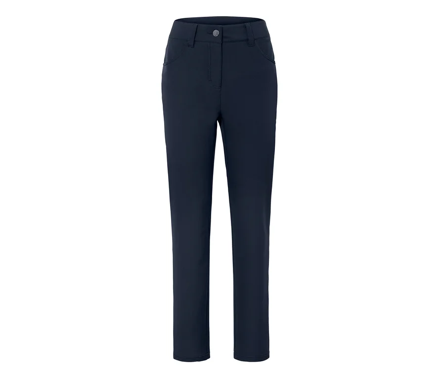Dunkelblaue Hose mit Knopf und Taschen.